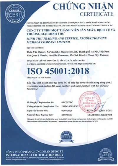 Chứng nhận ISO 45001:2018 - Kosovota - Hệ Thống Lọc Nước - Công Ty TNHH Một Thành Viên Sản Xuất, Dịch vụ Và Thương Mại Minh Thư
