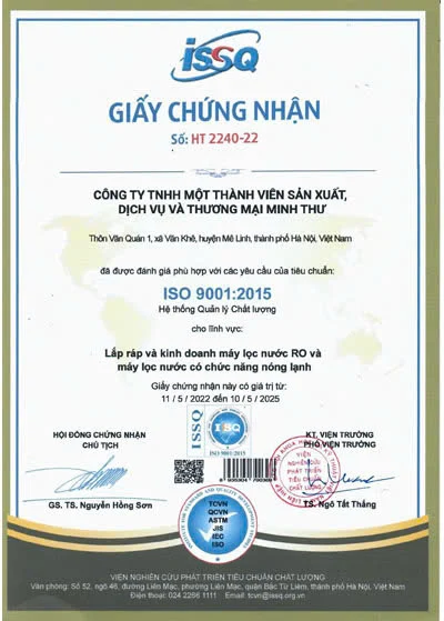 Chứng nhận ISO 9001:2015 - Kosovota - Hệ Thống Lọc Nước - Công Ty TNHH Một Thành Viên Sản Xuất, Dịch vụ Và Thương Mại Minh Thư