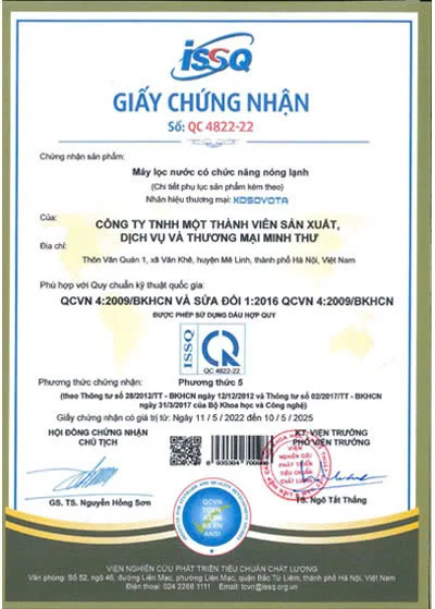 Chứng nhận QCVN 4:2009/BKHCN - Kosovota - Hệ Thống Lọc Nước - Công Ty TNHH Một Thành Viên Sản Xuất, Dịch vụ Và Thương Mại Minh Thư