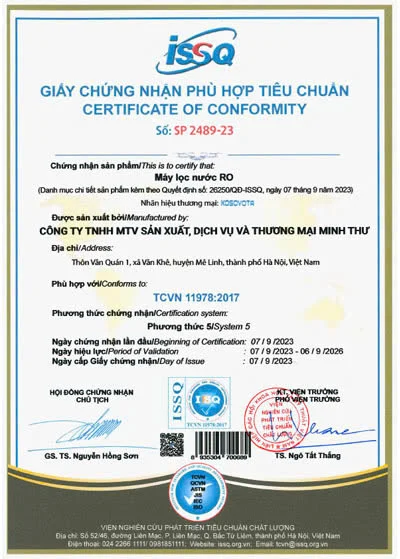 Chứng nhận TCVN 11978:2017 - Kosovota - Hệ Thống Lọc Nước - Công Ty TNHH Một Thành Viên Sản Xuất, Dịch vụ Và Thương Mại Minh Thư