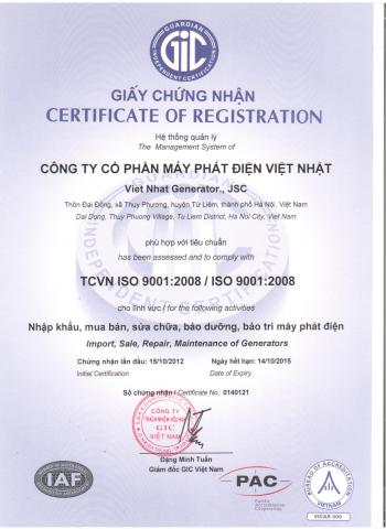 Giấy chứng nhận - Máy Phát Điện Việt Nhật - Công Ty Cổ Phần Máy Phát Điện Việt Nhật