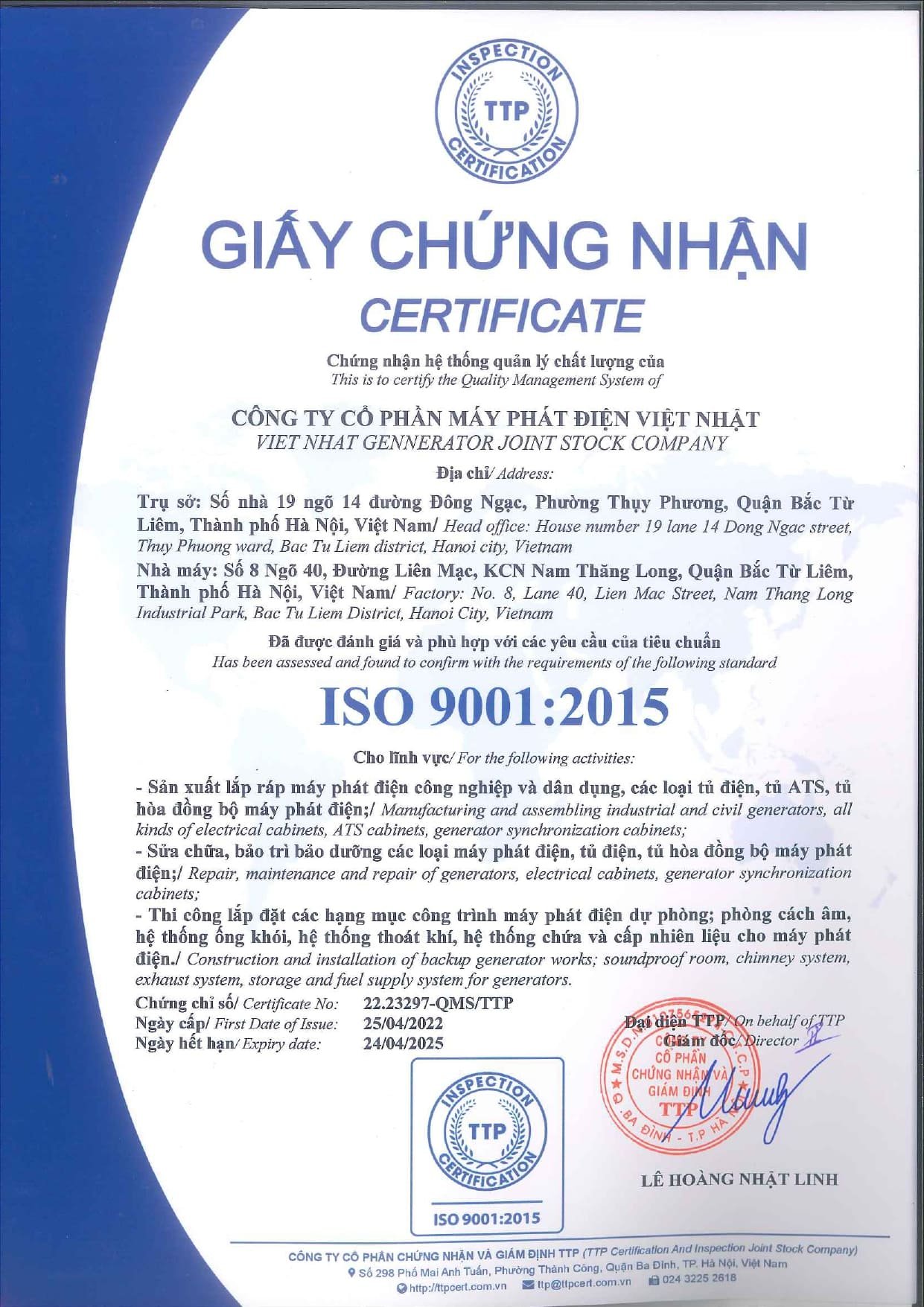ISO 9001: 2015 - Máy Phát Điện Việt Nhật - Công Ty Cổ Phần Máy Phát Điện Việt Nhật
