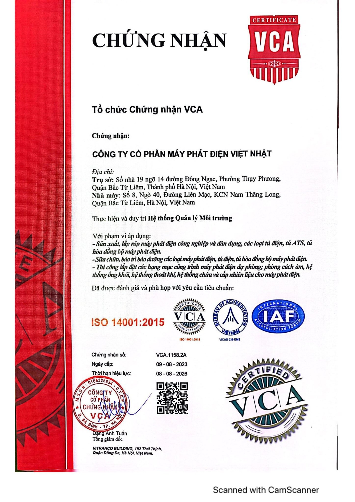 ISO 14001: 2015 - Máy Phát Điện Việt Nhật - Công Ty Cổ Phần Máy Phát Điện Việt Nhật