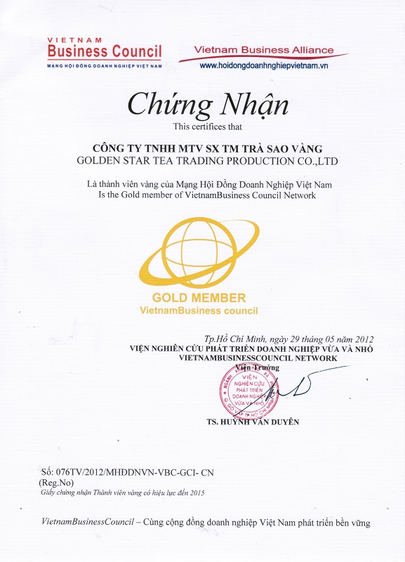 Giấy chứng nhận - Công Ty TNHH Trà Sao Vàng