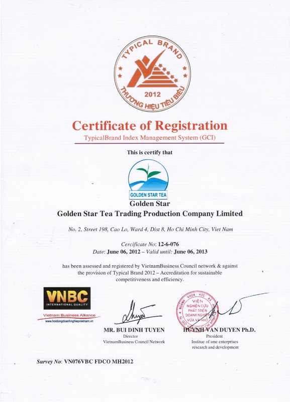 Giấy chứng nhận - Công Ty TNHH Trà Sao Vàng
