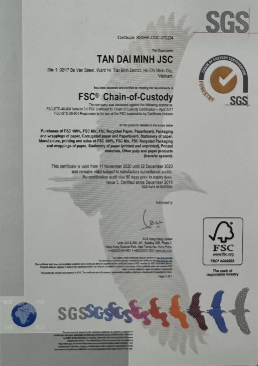 Chứng nhận FSC - Công Ty Cổ Phần Bao Bì Xuất Khẩu Tân Đại Minh
