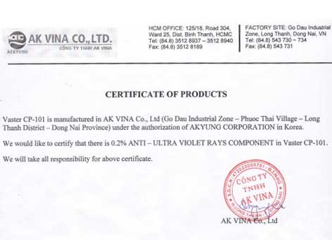 Chứng nhận Aka  Vina - Công Ty TNHH Sản Xuất Thương Mại Nhựa Nam Việt - Chi Nhánh Hà Nội