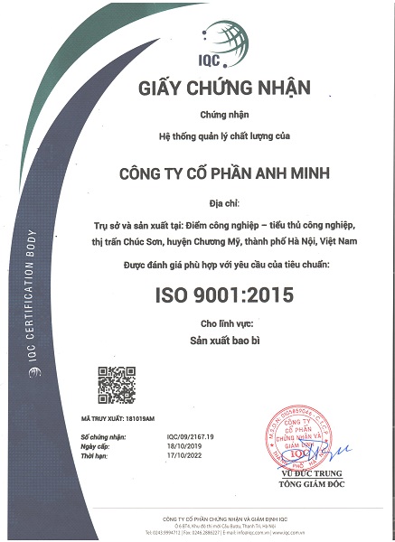 ISO 9001:2015 - Bao Bì Anh Minh - Công Ty Cổ Phần Bao Bì Anh Minh