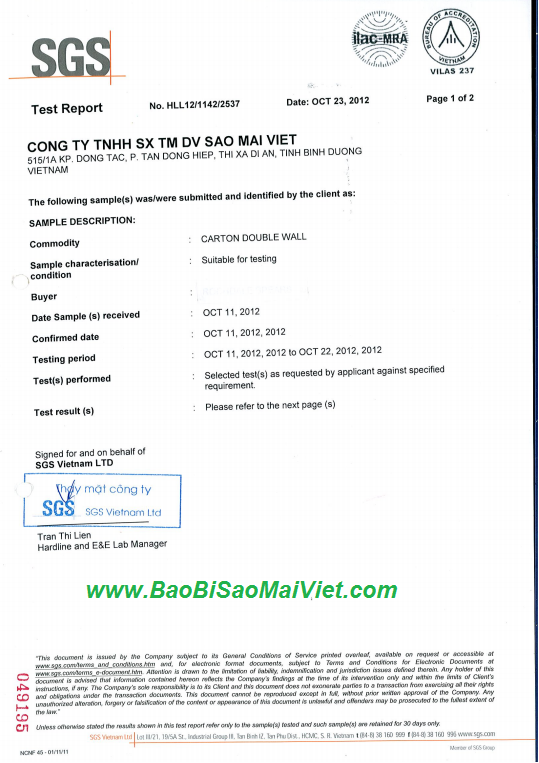 Giấy chứng nhận - Bao Bì Sao Mai Việt  - Công Ty TNHH Sản Xuất Thương Mại Dịch Vụ Sao Mai Việt