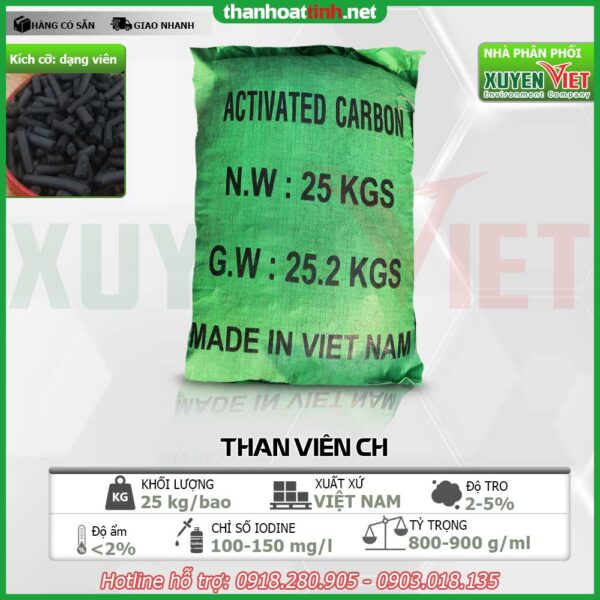 Than hoạt tính dạng viên CH - Vật Liệu Lọc Nước Xuyên Việt - Công Ty TNHH Môi Trường Xuyên Việt