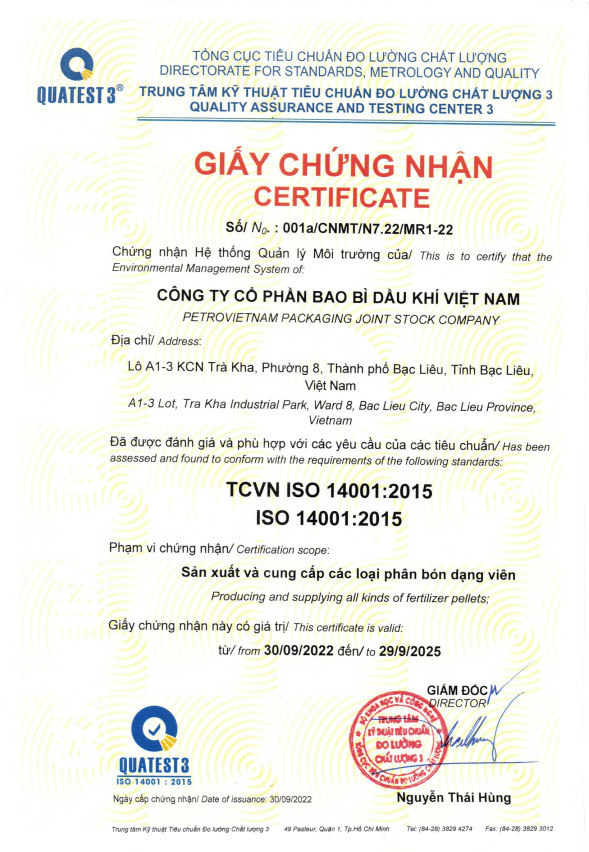 Chứng nhận ISO 14001:2015 - Công Ty Cổ Phần Bao Bì Dầu Khí Việt Nam