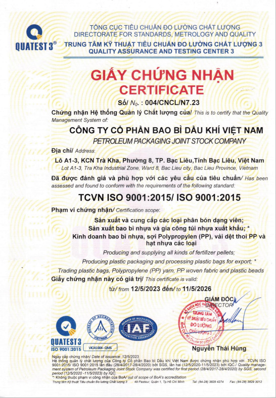 Chứng nhận ISO 9001:2015 - Công Ty Cổ Phần Bao Bì Dầu Khí Việt Nam