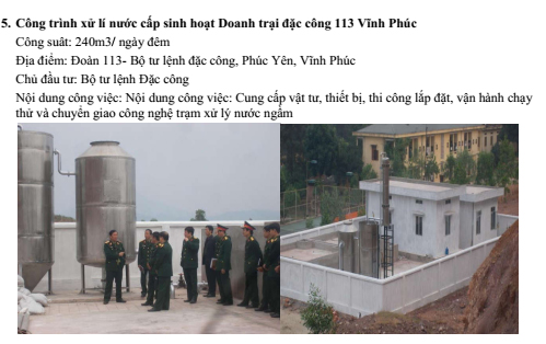 Công trình xử lý nước cấp sinh hoạt doanh trại đặc công 113 Vĩnh Phúc - Vật Tư Ngành Nước Lộc Đức - Công Ty TNHH Một Thành Viên Lộc Đức