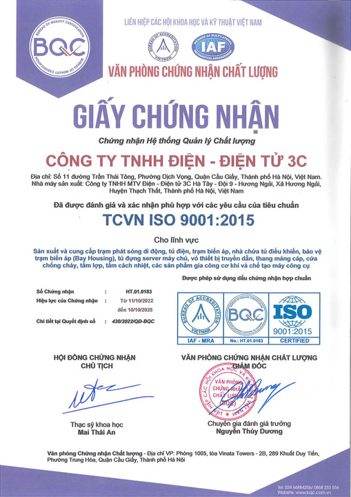 ISO 9001:2015 - 3CElectric - Công Ty TNHH Điện - Điện Tử 3C