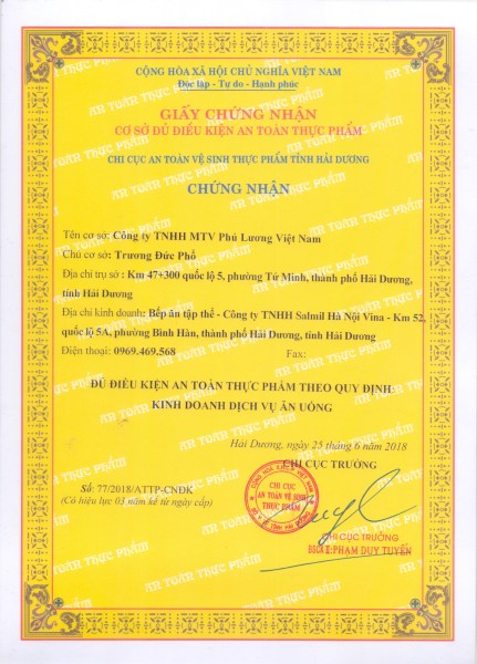 GCN cơ sở đủ ĐK an toàn thực phẩm - Suất Ăn Công Nghiệp Phú Lương - Công Ty TNHH MTV Phú Lương Việt Nam