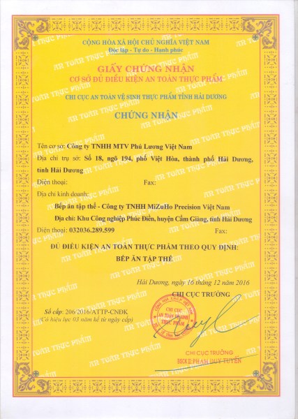 GCN cơ sở đủ ĐK an toàn thực phẩm - Suất Ăn Công Nghiệp Phú Lương - Công Ty TNHH MTV Phú Lương Việt Nam