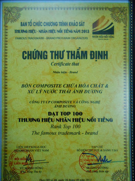 Top 100 Thương hiệu Nổi tiếng Việt Nam 2013 - Bồn Composite ánh Dương - Công Ty Cổ Phần Composite Và Công Nghệ ánh Dương