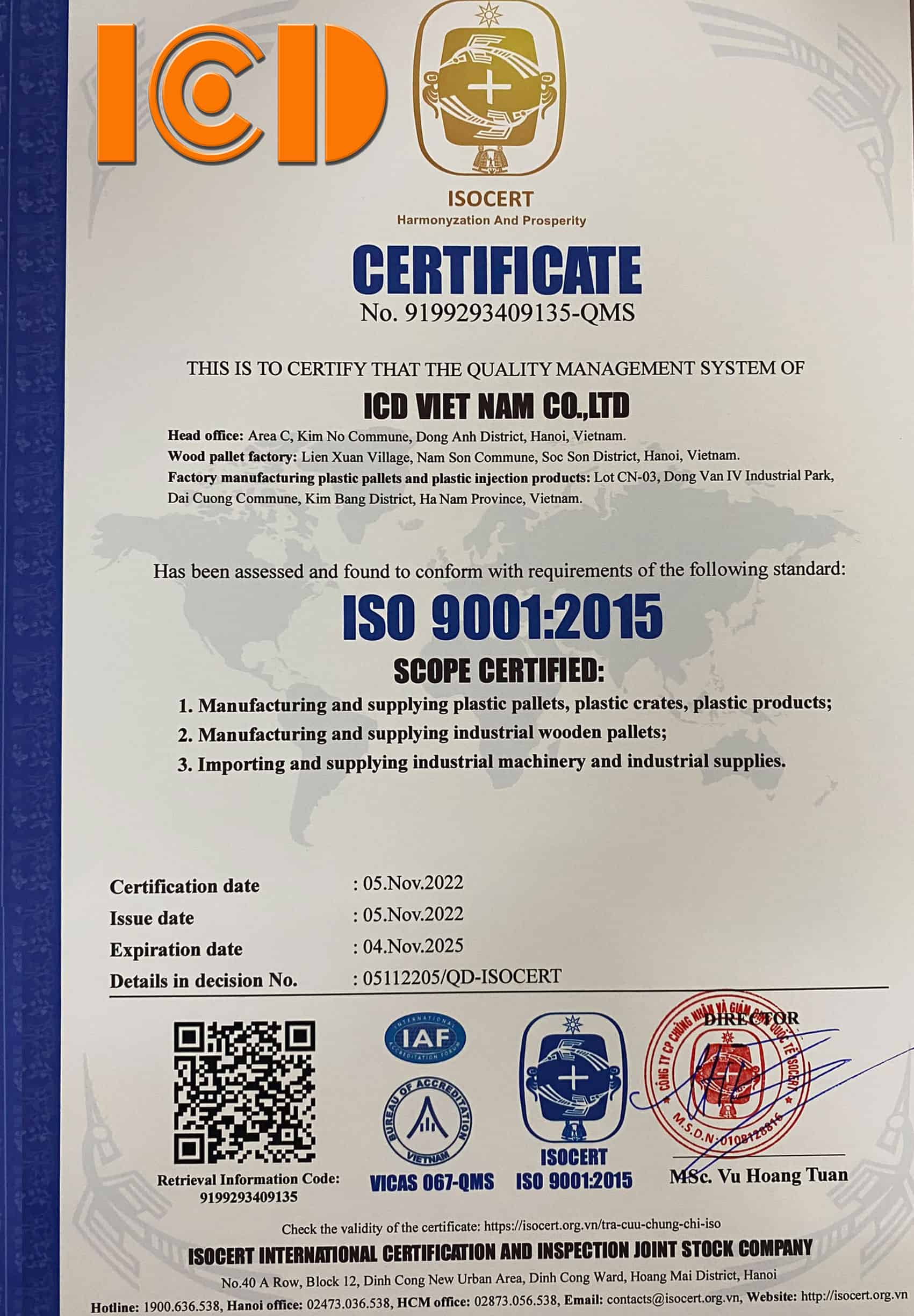 Chứng nhận ISO 9001:2015 - Pallet Nhựa ICD - Công Ty TNHH Sản Xuất Công Nghiệp ICD Việt Nam