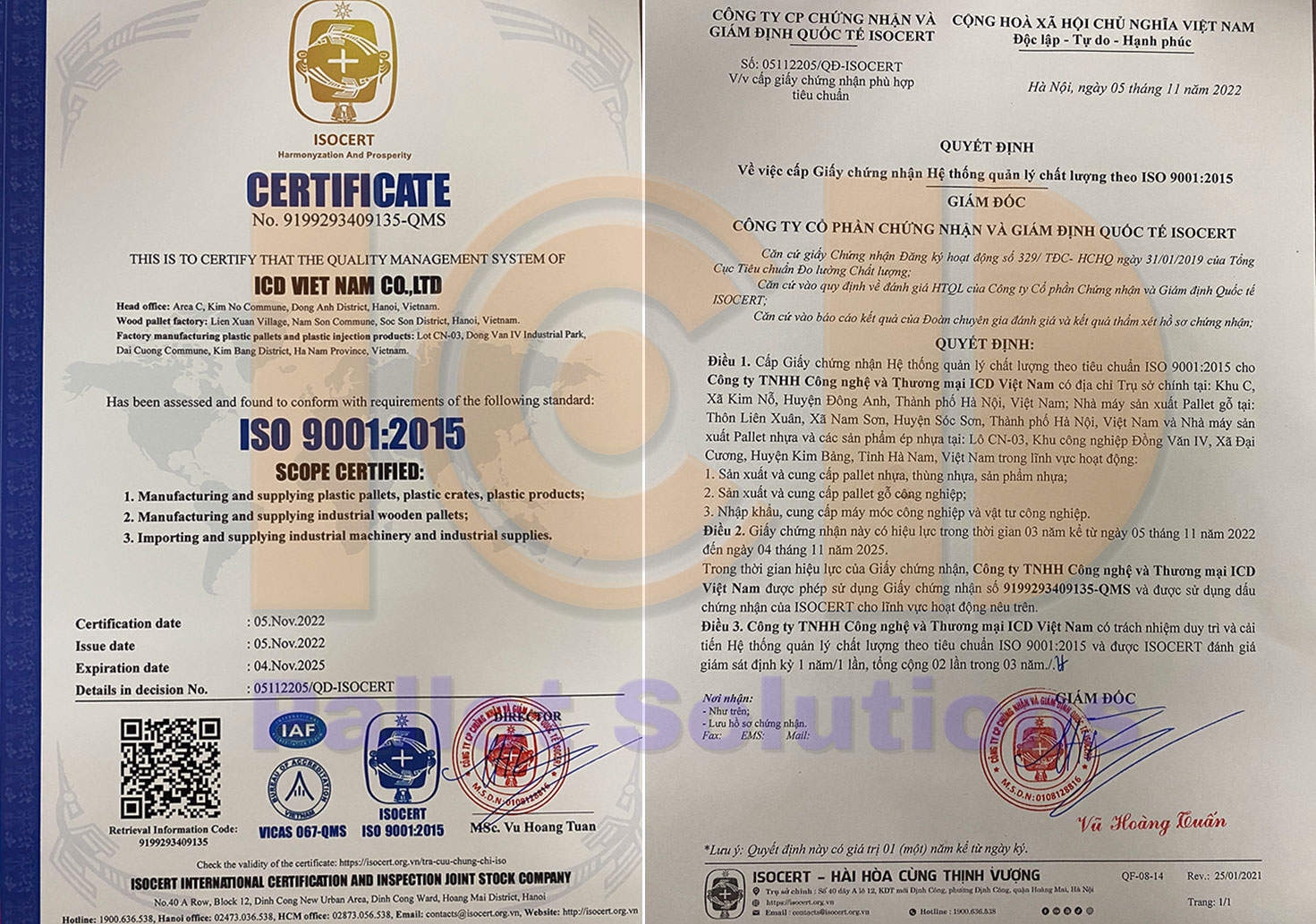 Chứng nhận ISO 9001:2015 - Pallet Nhựa ICD - Công Ty TNHH Sản Xuất Công Nghiệp ICD Việt Nam