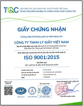 Chứng nhận ISO 9001:2015 - Ly Giấy Việt Nam - Công Ty TNHH Ly Giấy Việt Nam