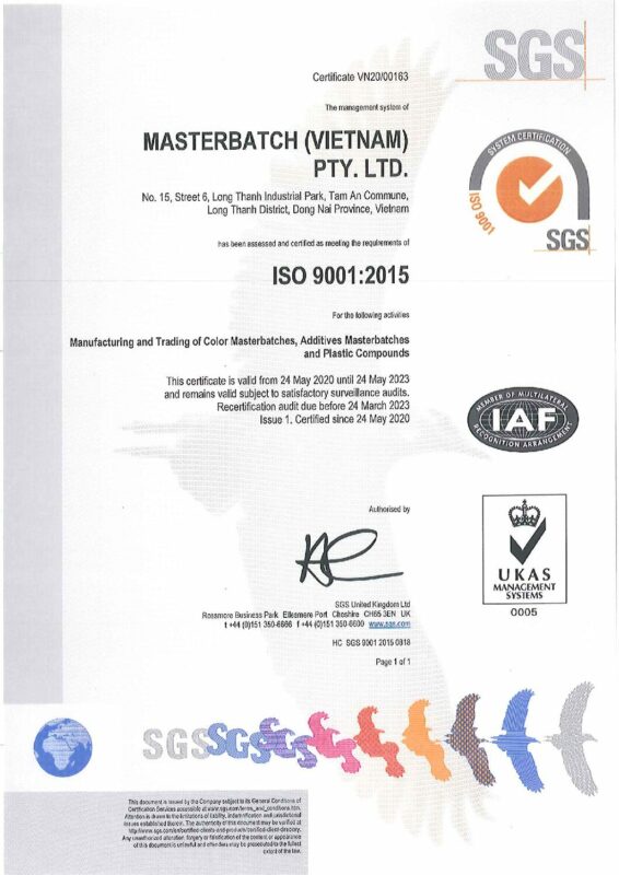 Chứng nhận ISO 9001:2015 - Hạt Nhựa Masterbatch - Công Ty Trách Nhiệm Hữu Hạn Masterbatch (Việt Nam)