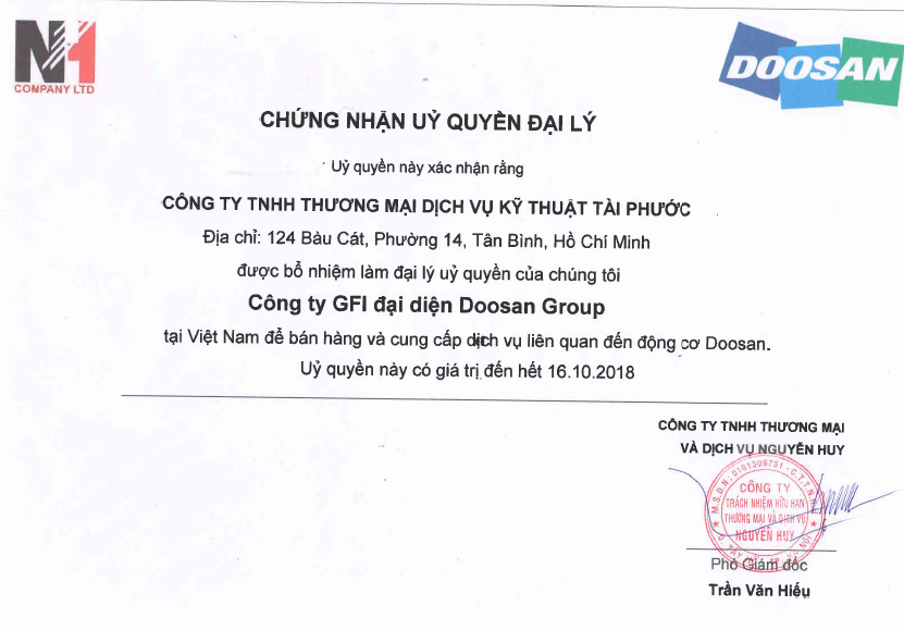 Doosan chứng nhận Tài Phước - Máy Bơm Tài Phước - Công Ty TNHH Thương Mại Dịch Vụ Kỹ Thuật Tài Phước