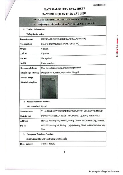 MSDS giấy chipboard - bìa cứng