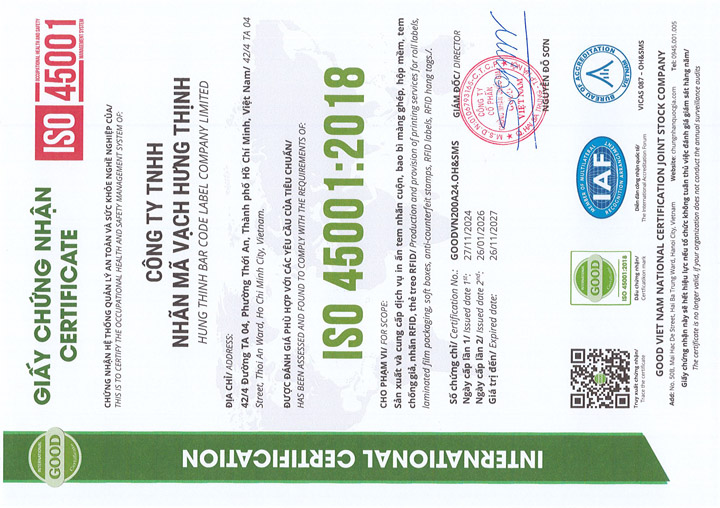 Chứng nhận ISO 45001:2018