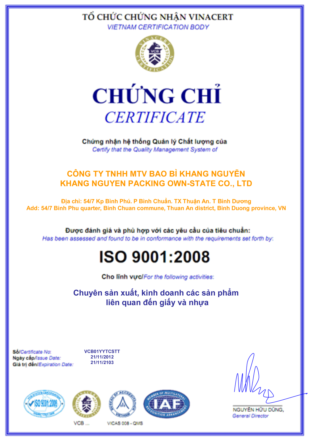 Chứng nhận ISO 2008 - Bao Bì Khang Nguyễn - Công Ty TNHH Một Thành Viên Bao Bì Khang Nguyễn