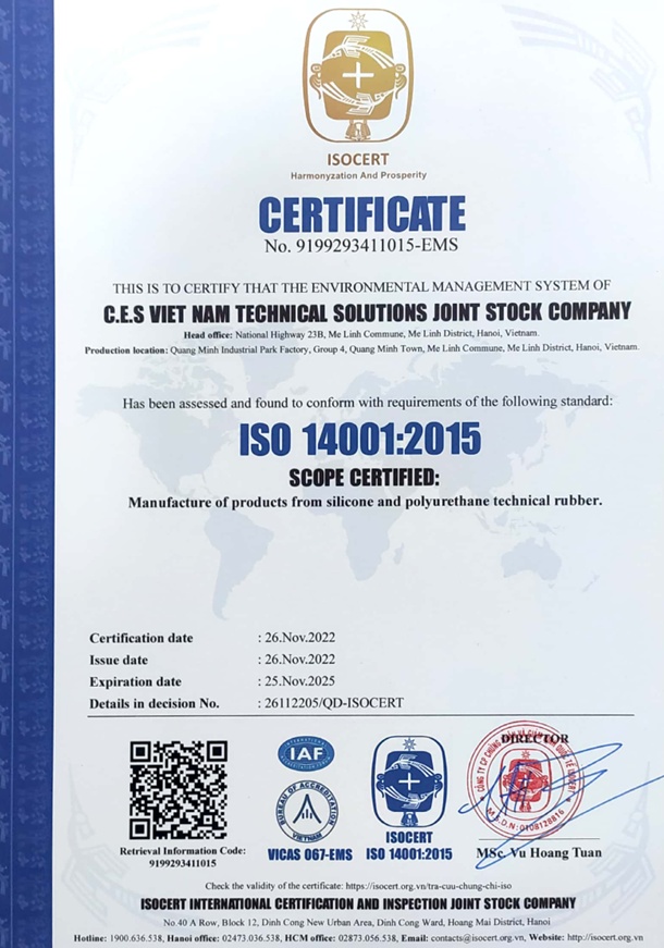 Chứng Nhận ISO 14001-2015 - Silicone C.E.S Việt Nam - Công Ty Cổ Phần Giải Pháp Kỹ Thuật C.E.S Việt Nam