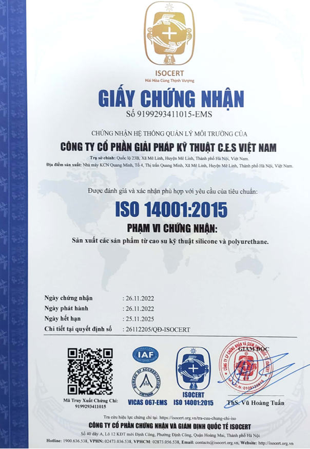 Chứng Nhận ISO 14001-2015 - Silicone C.E.S Việt Nam - Công Ty Cổ Phần Giải Pháp Kỹ Thuật C.E.S Việt Nam
