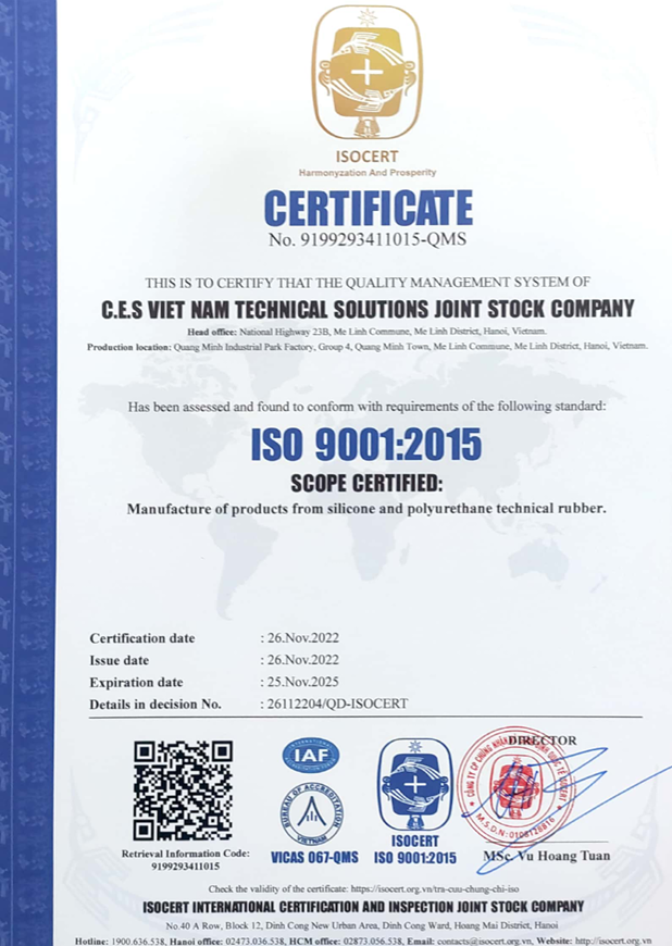 Chứng Nhận ISO 9001-2015 - Silicone C.E.S Việt Nam - Công Ty Cổ Phần Giải Pháp Kỹ Thuật C.E.S Việt Nam