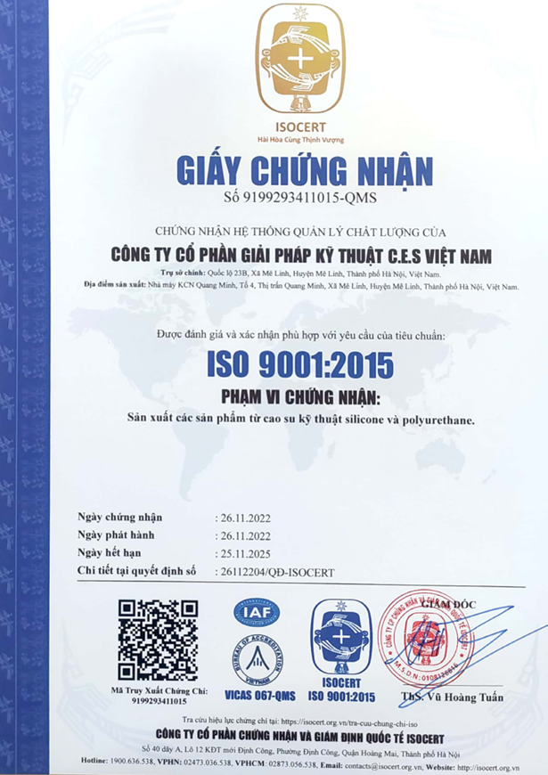 Chứng Nhận ISO 9001-2015 - Silicone C.E.S Việt Nam - Công Ty Cổ Phần Giải Pháp Kỹ Thuật C.E.S Việt Nam