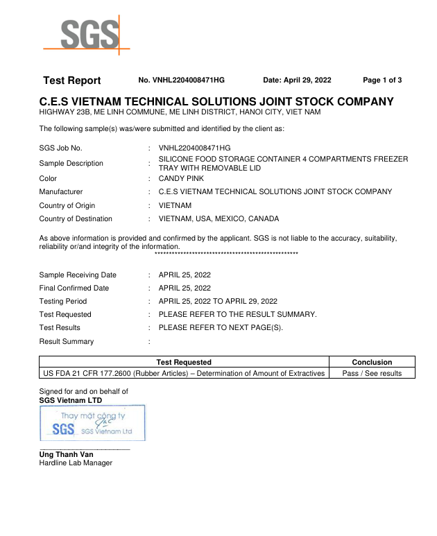 Kết Quả Kiểm Nghiệm SGS – Khay 4 Ngăn - Silicone C.E.S Việt Nam - Công Ty Cổ Phần Giải Pháp Kỹ Thuật C.E.S Việt Nam