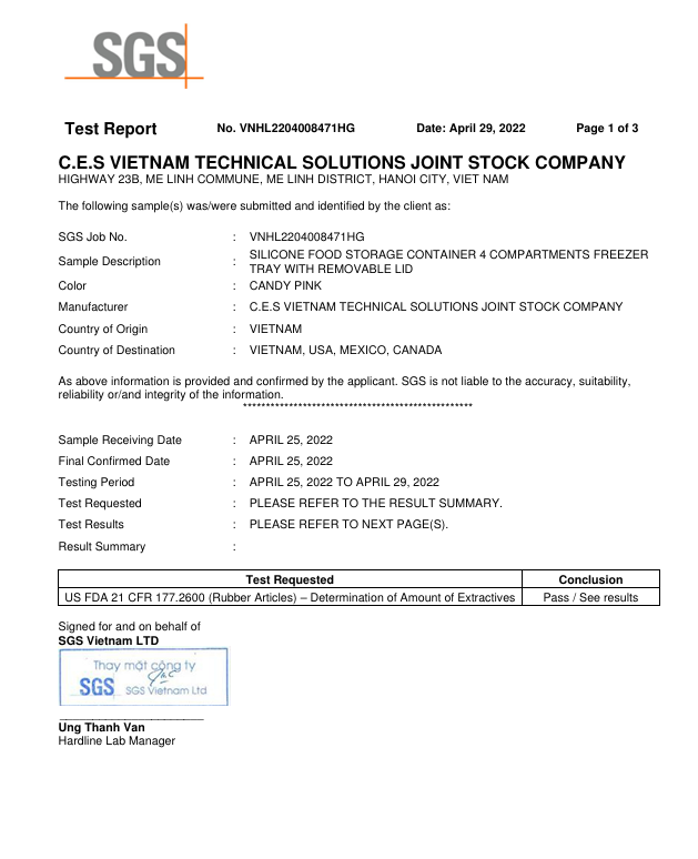 Kết Quả Kiểm Nghiệm SGS – Khay 4 Ngăn - Silicone C.E.S Việt Nam - Công Ty Cổ Phần Giải Pháp Kỹ Thuật C.E.S Việt Nam