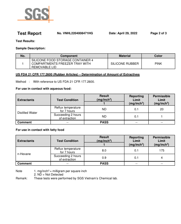 Kết Quả Kiểm Nghiệm SGS – Khay 4 Ngăn - Silicone C.E.S Việt Nam - Công Ty Cổ Phần Giải Pháp Kỹ Thuật C.E.S Việt Nam