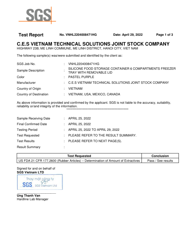 Kết Quả Kiểm Nghiệm SGS – Khay 6 Ngăn - Silicone C.E.S Việt Nam - Công Ty Cổ Phần Giải Pháp Kỹ Thuật C.E.S Việt Nam