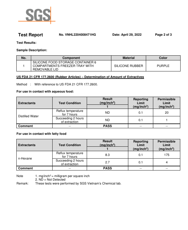 Kết Quả Kiểm Nghiệm SGS – Khay 6 Ngăn - Silicone C.E.S Việt Nam - Công Ty Cổ Phần Giải Pháp Kỹ Thuật C.E.S Việt Nam