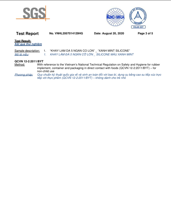 Kết Quả Kiểm Nghiệm SGS – Khay Làm Đá Lớn - Silicone C.E.S Việt Nam - Công Ty Cổ Phần Giải Pháp Kỹ Thuật C.E.S Việt Nam
