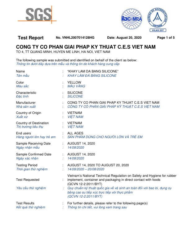 Kết Quả Kiểm Nghiệm SGS – Khay Làm Đá Nhỏ - Silicone C.E.S Việt Nam - Công Ty Cổ Phần Giải Pháp Kỹ Thuật C.E.S Việt Nam