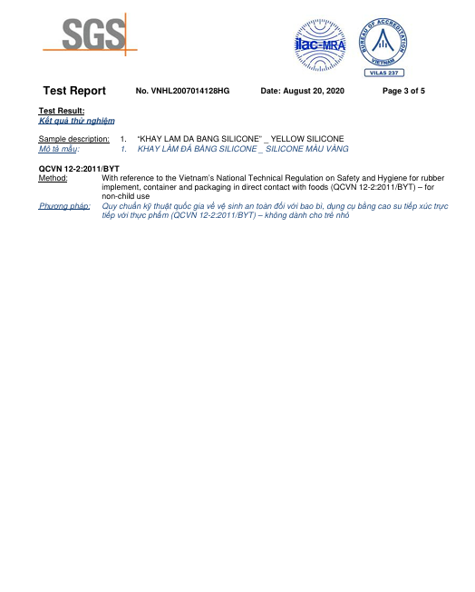 Kết Quả Kiểm Nghiệm SGS – Khay Làm Đá Nhỏ - Silicone C.E.S Việt Nam - Công Ty Cổ Phần Giải Pháp Kỹ Thuật C.E.S Việt Nam