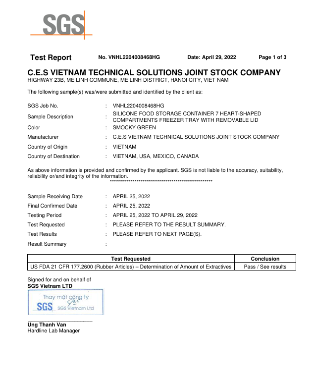 Kết Quả Kiểm Nghiệm SGS – Khay Trái Tim 7 Ngăn - Silicone C.E.S Việt Nam - Công Ty Cổ Phần Giải Pháp Kỹ Thuật C.E.S Việt Nam