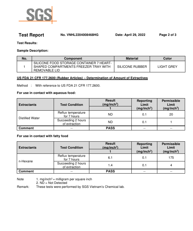 Kết Quả Kiểm Nghiệm SGS – Khay Trái Tim 7 Ngăn - Silicone C.E.S Việt Nam - Công Ty Cổ Phần Giải Pháp Kỹ Thuật C.E.S Việt Nam