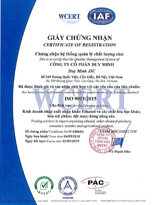 Chứng nhận ISO-9001:2015 - Cồn Duy Minh - Công Ty Cổ Phần Duy Minh