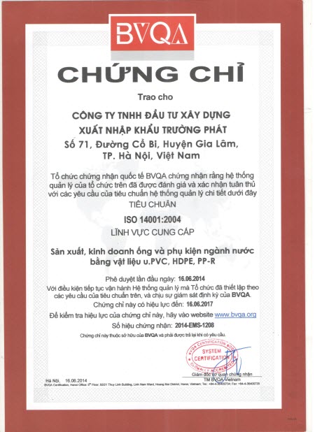 Chứng chỉ chứng nhận - Nhựa Super Trường Phát - Công Ty CP Nhựa Super Trường Phát