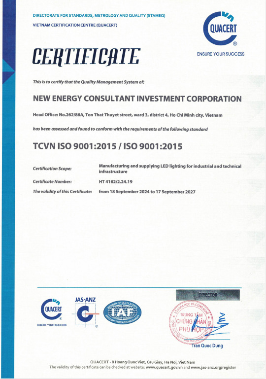 Chứng nhận ISO 9001:2015 - Đèn Chiếu Sáng Sunnova - Công Ty Cổ Phần Tư Vấn Đầu Tư Năng Lượng Mới