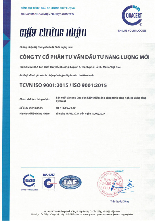 Chứng nhận ISO 9001:2015 - Đèn Chiếu Sáng Sunnova - Công Ty Cổ Phần Tư Vấn Đầu Tư Năng Lượng Mới