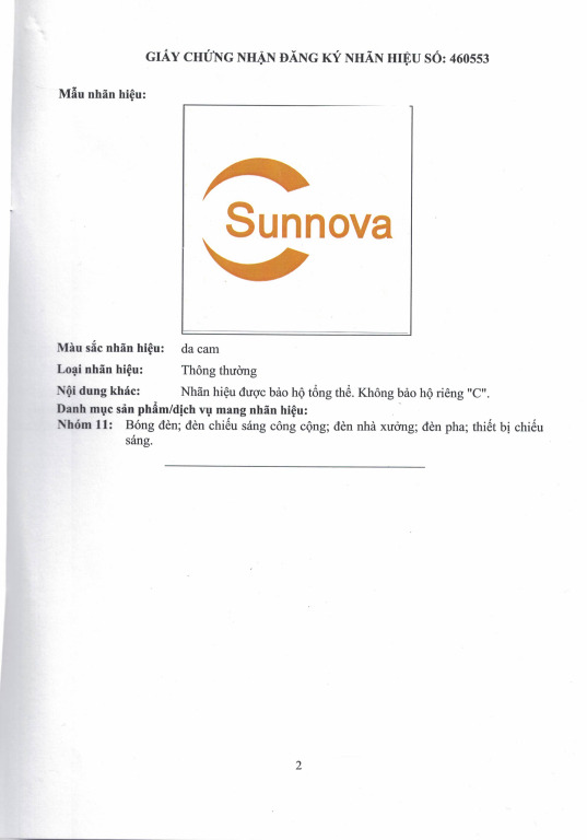 Chứng nhận đăng ký nhãn hiệu - Đèn Chiếu Sáng Sunnova - Công Ty Cổ Phần Tư Vấn Đầu Tư Năng Lượng Mới
