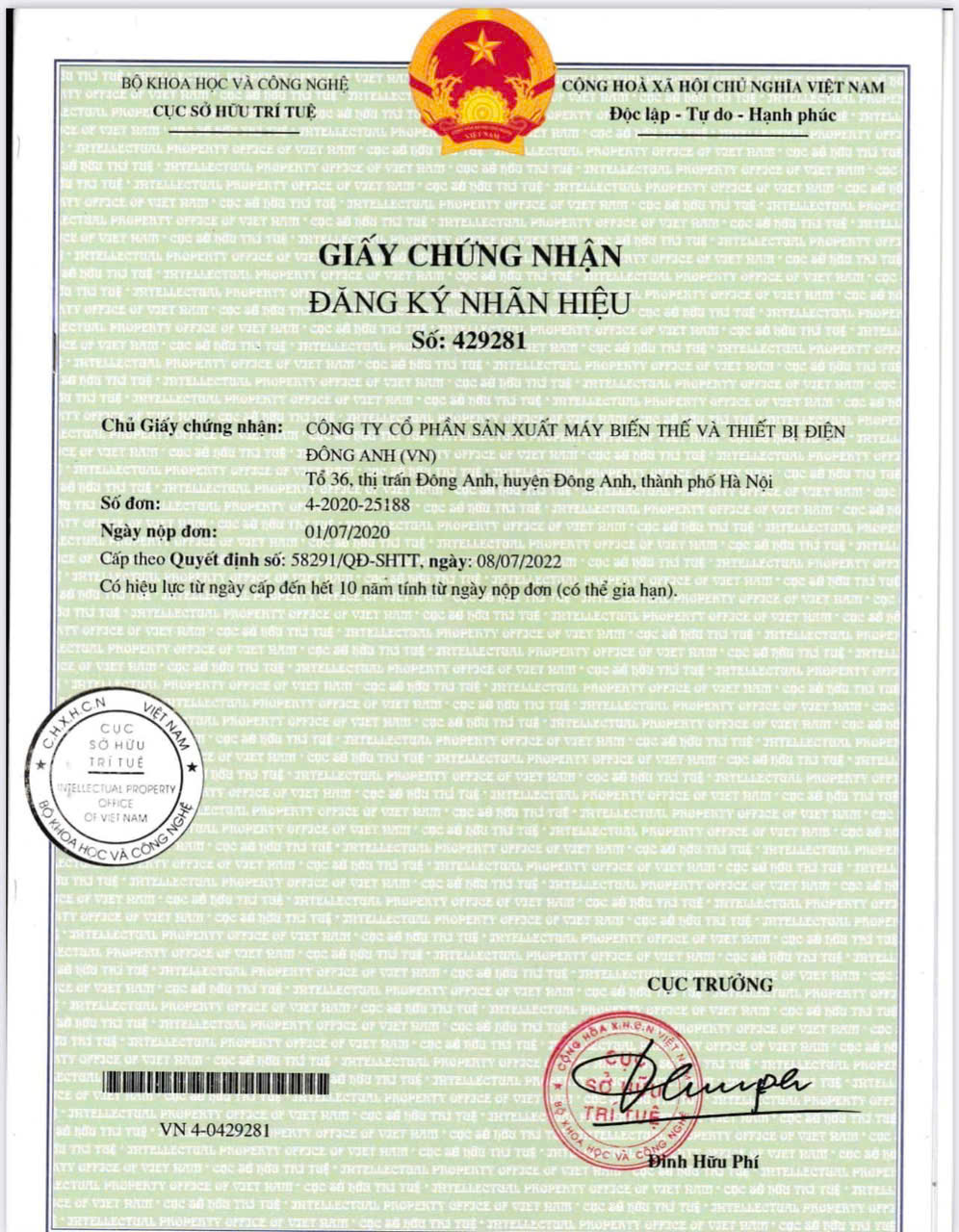 Chứng nhận đăng ký nhãn hiệu - Máy Biến áp D-TEC - Công Ty Cổ Phần Sản Xuất Máy Biến Thế Và Thiết Bị Điện Đông Anh