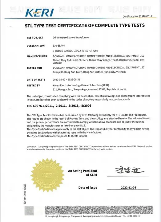 Chứng nhận tiêu chuẩn quốc tế STL - Máy Biến áp D-TEC - Công Ty Cổ Phần Sản Xuất Máy Biến Thế Và Thiết Bị Điện Đông Anh